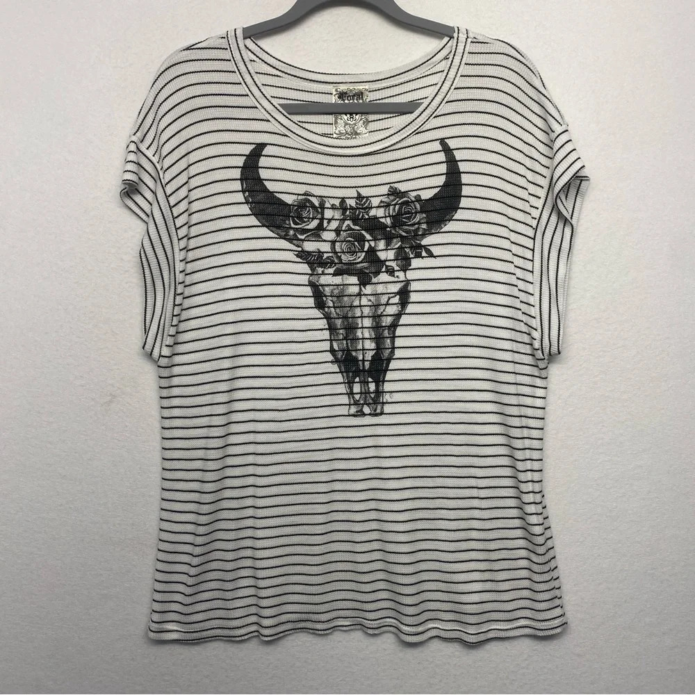 Vocal USA Stripe Cow Skull Western Shirt White Small‎